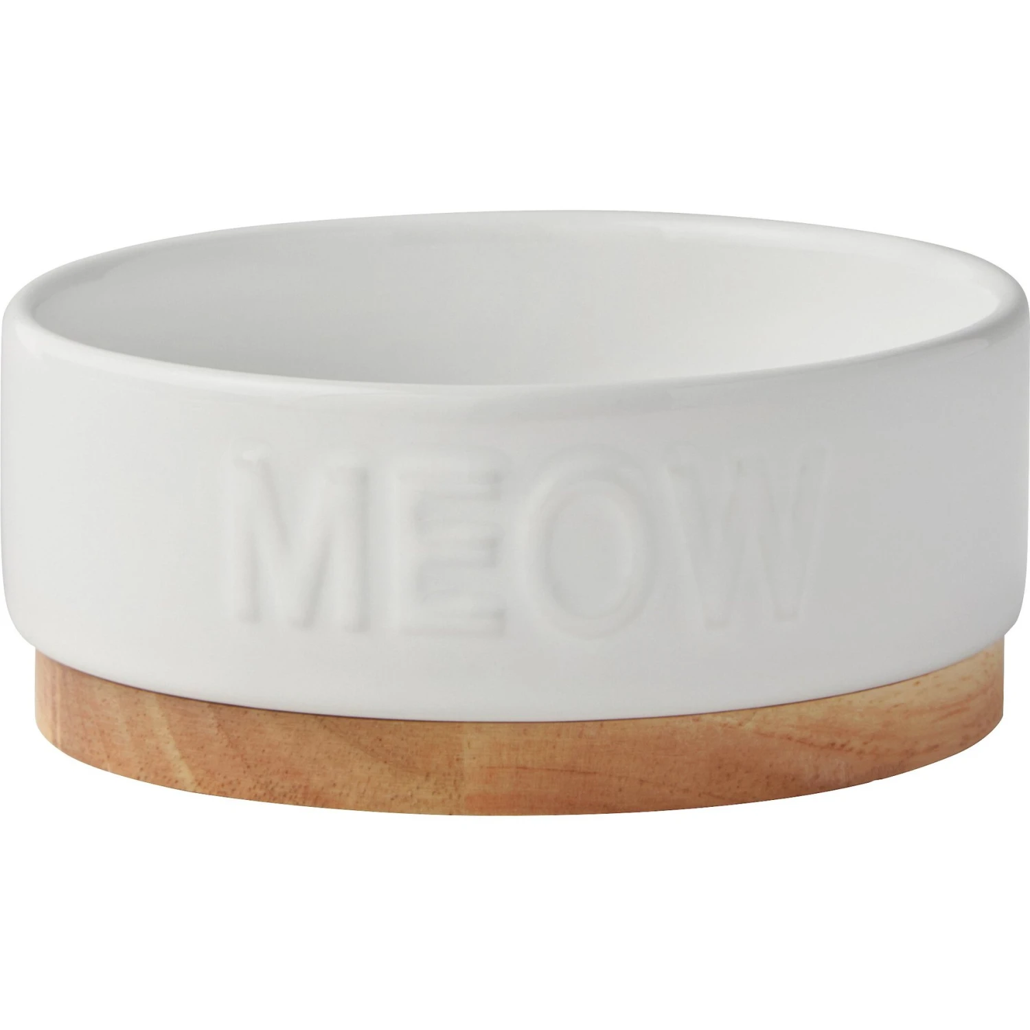 Frisco Round Meow Non-skid Ceramic Cat Bowl With Wood Base 1 Frisco Round Meow Non-skid Ceramic Cat Bowl With Wood Base