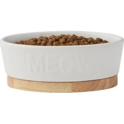 Frisco Oval Meow Non-skid Ceramic Cat Bowl With Wood Base -Cat Supplies 256080 PT3. AC SS1800 V1615312053
