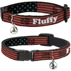 Buckle-Down Personalized Breakaway Cat Collar With Bell, Vintage US Flag Stretch