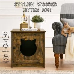 Sweet Barks Enclosed House Side Table Cat Litter Box, Rustic Brown -Cat Supplies 354503 PT1. AC SS1800 V1640042844