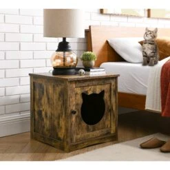 Sweet Barks Enclosed House Side Table Cat Litter Box, Rustic Brown -Cat Supplies 354503 PT5. AC SS1800 V1640040755