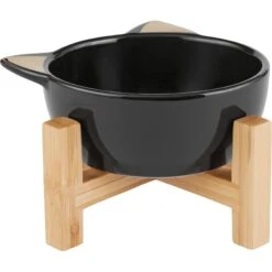 Frisco Cat Face Elevated Bamboo Non-Skid Ceramic Cat Bowl, Black, 1 Cups -Cat Supplies 363383 PT3. AC SS1800 V1657657267
