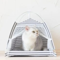 Lovely Caves Stripe Dog & Cat Tent, Gray, Medium -Cat Supplies 525774 PT2. AC SS1800 V1658284501