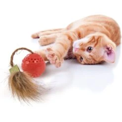 Petlinks Bobble Ball Soft Touch Dental Ball With Faux Fur Tail Cat Toy, Coral, Small -Cat Supplies 531558 PT1. AC SS1800 V1657658627