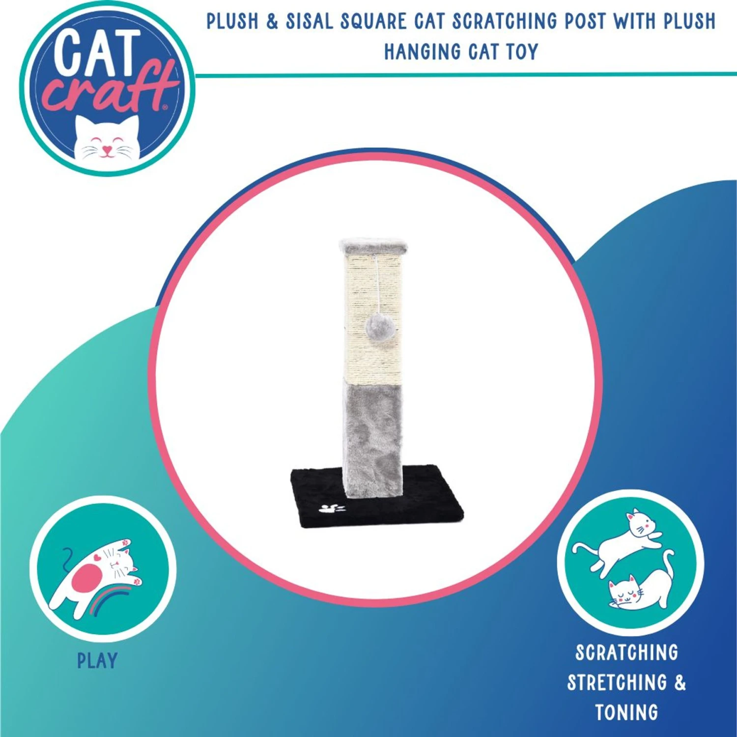 Cat Craft Plush & Sisal Square Cat Scratching Post With Plush Hanging Cat Toy, Gray/Natural, Small 2 Cat Craft Plush & Sisal Square Cat Scratching Post With Plush Hanging Cat Toy, Gray/Natural, Small - Image 2