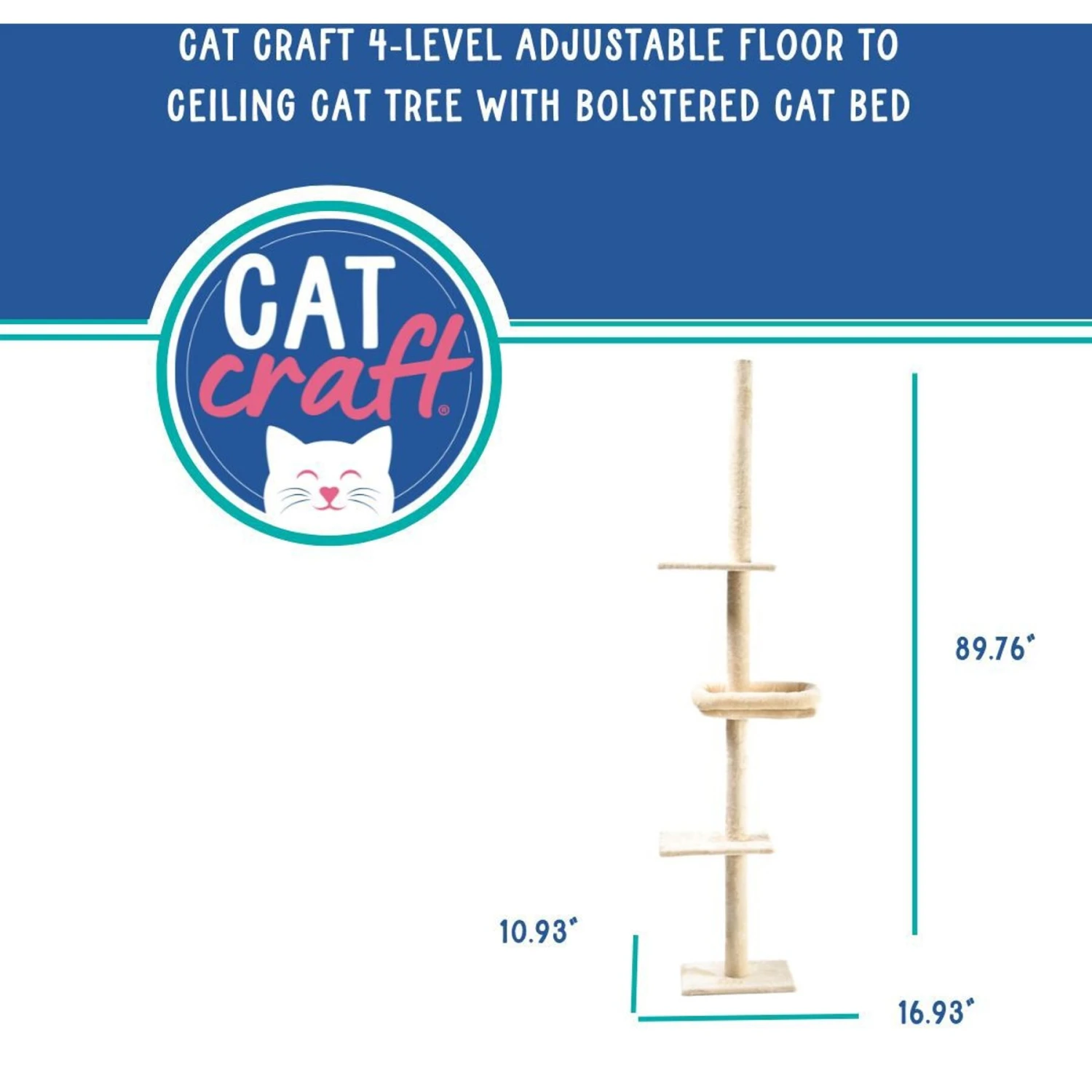 Cat Craft 4-Level Adjustable Climbing & Perch Cat Tree With Bolstered Cat Bed, Cream, X-Large 3 Cat Craft 4-Level Adjustable Climbing & Perch Cat Tree With Bolstered Cat Bed, Cream, X-Large - Image 3