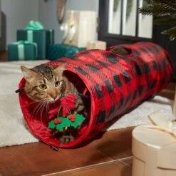 Frisco Holiday Buffalo Plaid Foldable Play Tunnel Cat Toy With Catnip & Frisco Holiday Festive Red Variety Pack Gift Box Cat Toy With Catnip, 14 Count -Cat Supplies 986262 PT4. AC SS1800 V1698258115